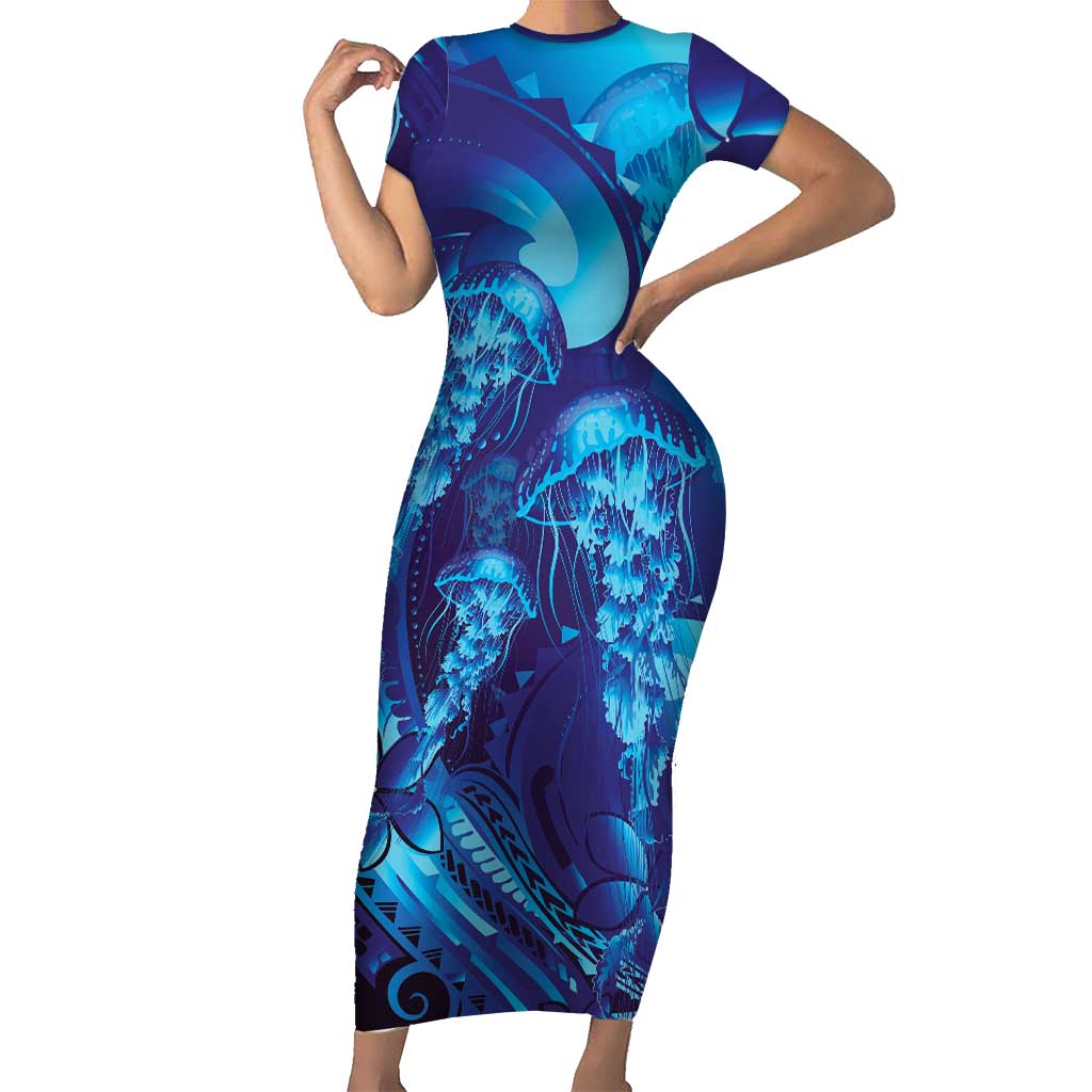 Purple Paradise Polynesia Jellyfish Family Matching Short Sleeve Bodycon Dress and Hawaiian Shirt Plumeria Polynesian Tattoo Glowing Vibes