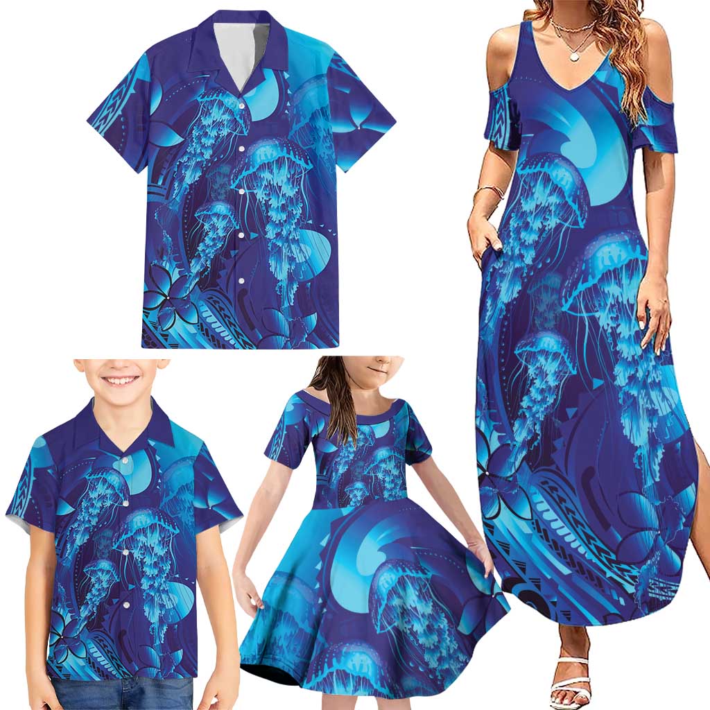 Purple Paradise Polynesia Jellyfish Family Matching Summer Maxi Dress and Hawaiian Shirt Plumeria Polynesian Tattoo Glowing Vibes