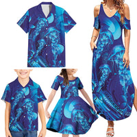 Purple Paradise Polynesia Jellyfish Family Matching Summer Maxi Dress and Hawaiian Shirt Plumeria Polynesian Tattoo Glowing Vibes