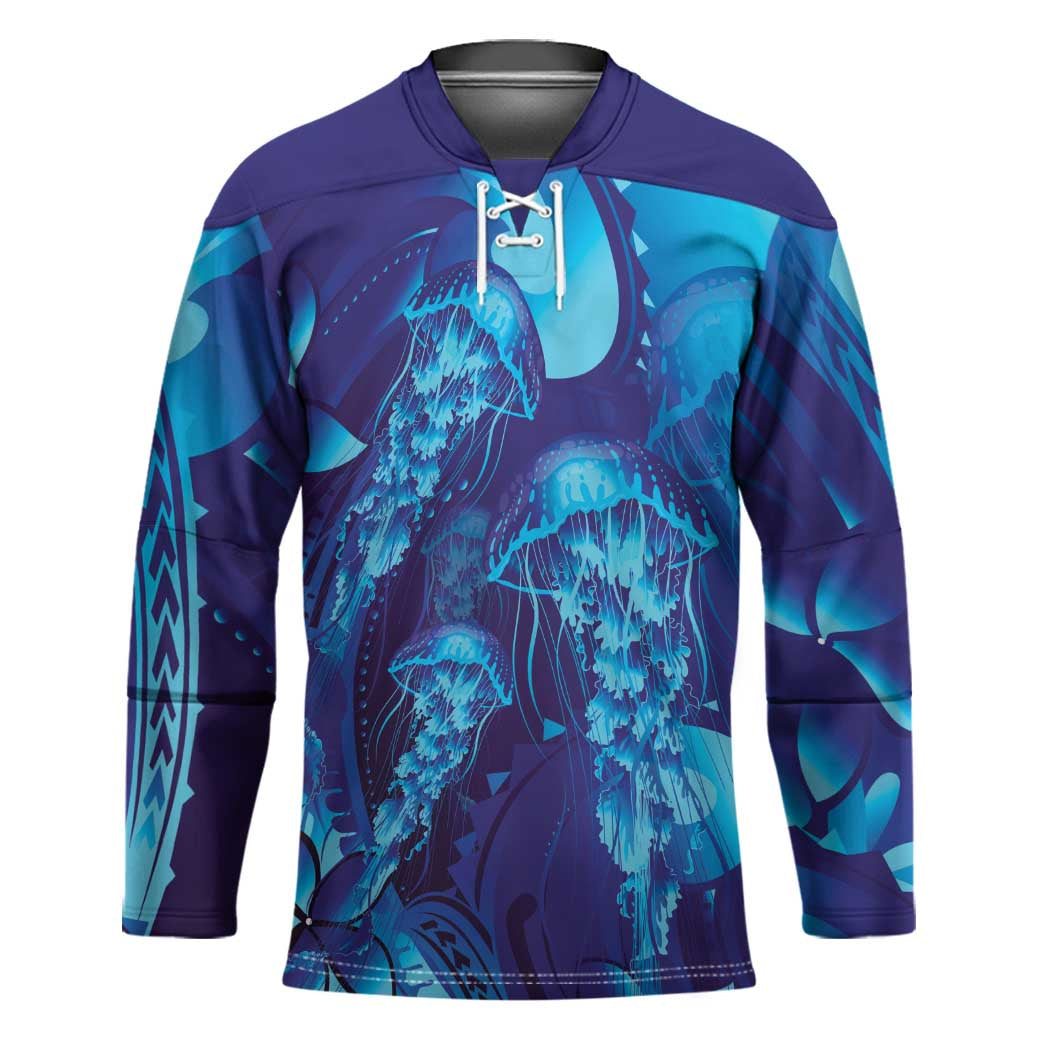 Purple Paradise Polynesia Jellyfish Hockey Jersey Plumeria Polynesian Tattoo Glowing Vibes LT14 Unisex Purple - Polynesian Pride