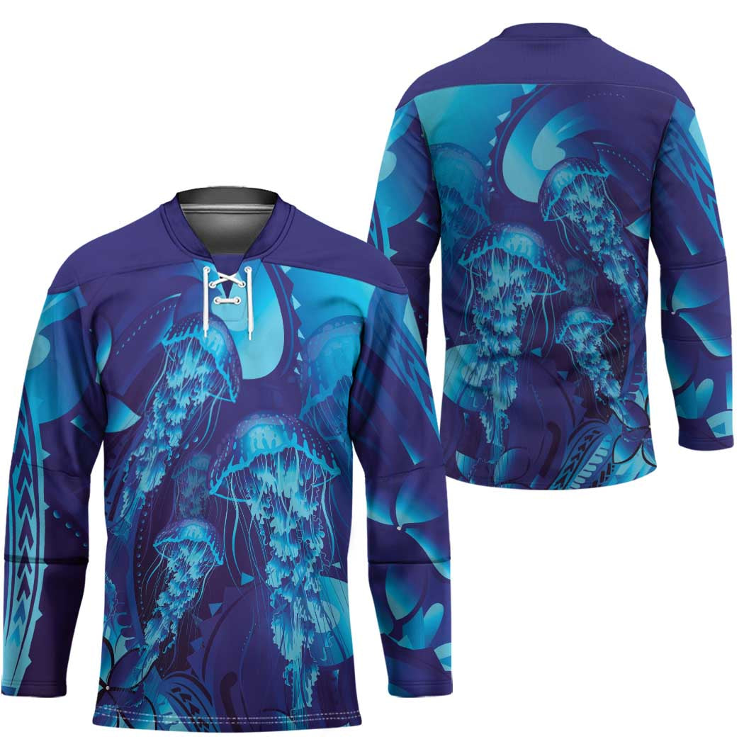 Purple Paradise Polynesia Jellyfish Hockey Jersey Plumeria Polynesian Tattoo Glowing Vibes LT14 - Polynesian Pride