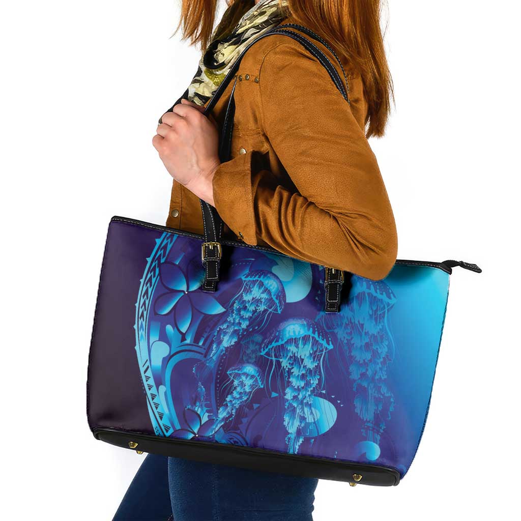 Purple Paradise Polynesia Jellyfish Leather Tote Bag Plumeria Polynesian Tattoo Glowing Vibes LT14 Purple - Polynesian Pride