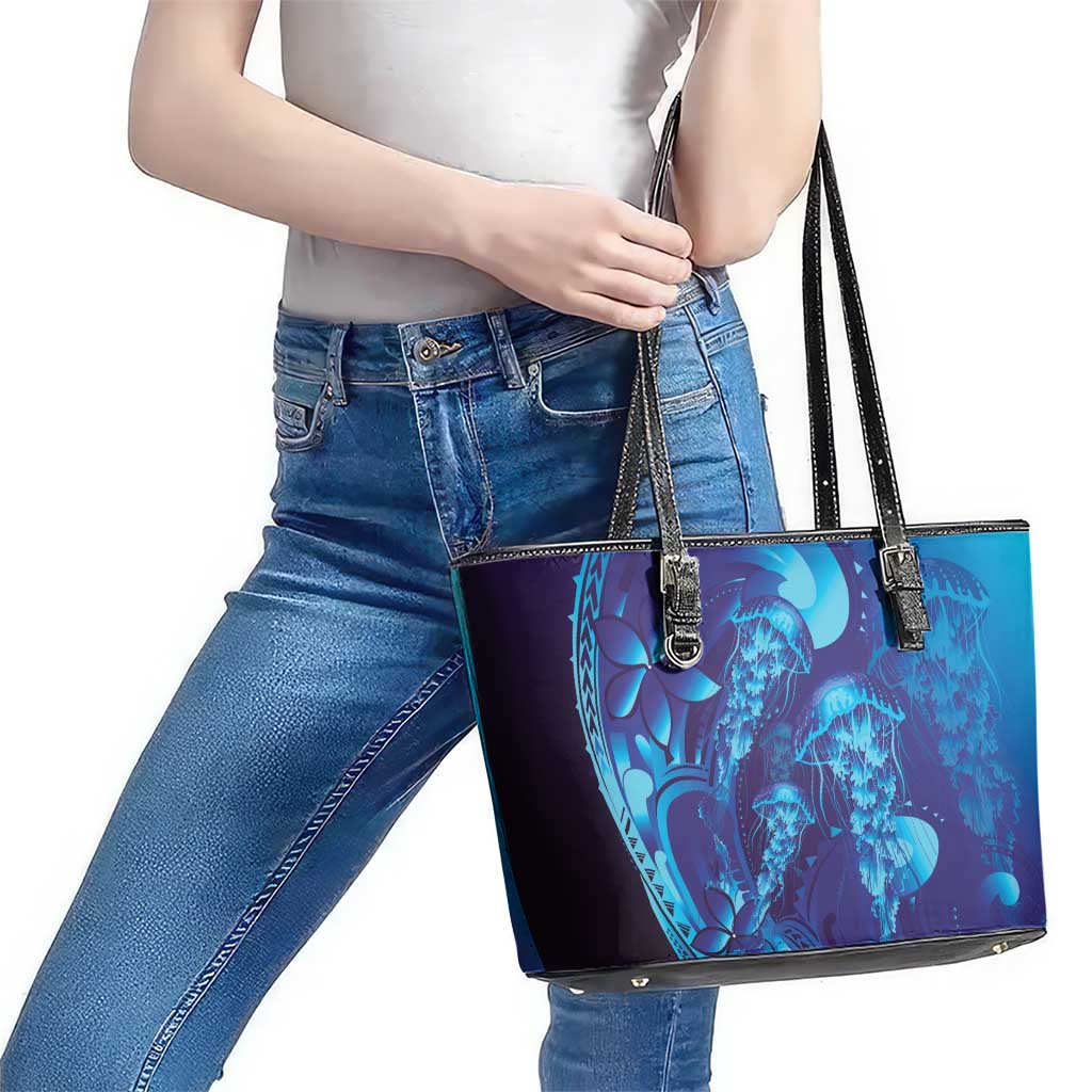 Purple Paradise Polynesia Jellyfish Leather Tote Bag Plumeria Polynesian Tattoo Glowing Vibes LT14 - Polynesian Pride
