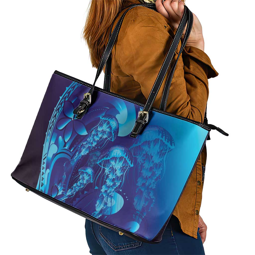 Purple Paradise Polynesia Jellyfish Leather Tote Bag Plumeria Polynesian Tattoo Glowing Vibes LT14 - Polynesian Pride