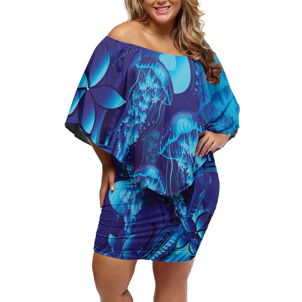Purple Paradise Polynesia Jellyfish Off Shoulder Short Dress Plumeria Polynesian Tattoo Glowing Vibes