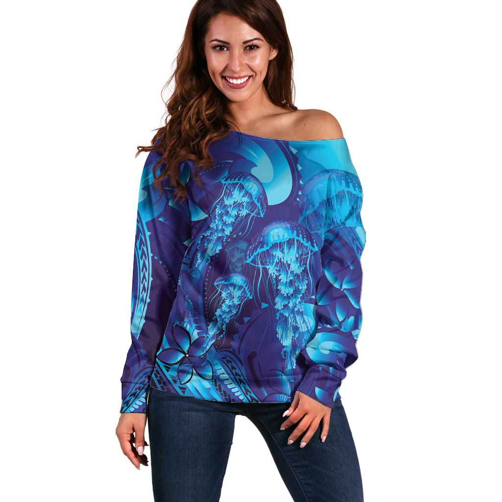 Purple Paradise Polynesia Jellyfish Off Shoulder Sweater Plumeria Polynesian Tattoo Glowing Vibes LT14 Women Purple - Polynesian Pride