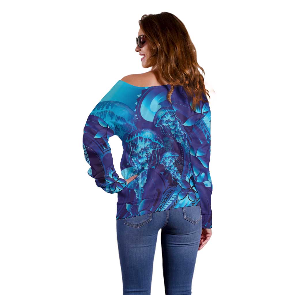 Purple Paradise Polynesia Jellyfish Off Shoulder Sweater Plumeria Polynesian Tattoo Glowing Vibes LT14 - Polynesian Pride