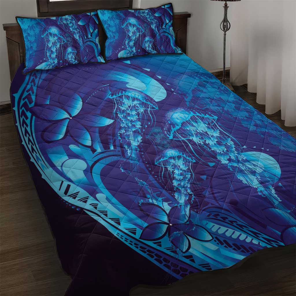Purple Paradise Polynesia Jellyfish Quilt Bed Set Plumeria Polynesian Tattoo Glowing Vibes LT14 Purple - Polynesian Pride