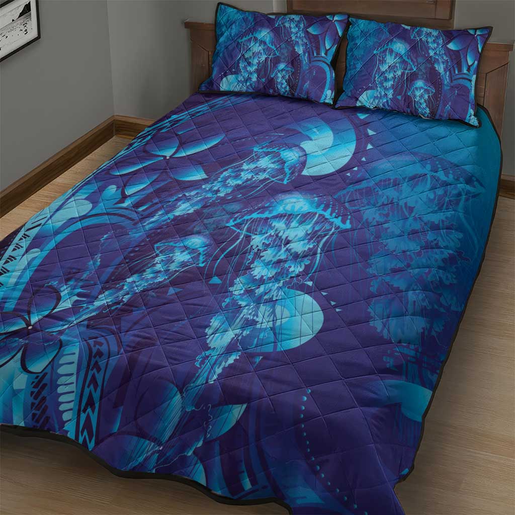 Purple Paradise Polynesia Jellyfish Quilt Bed Set Plumeria Polynesian Tattoo Glowing Vibes LT14 - Polynesian Pride