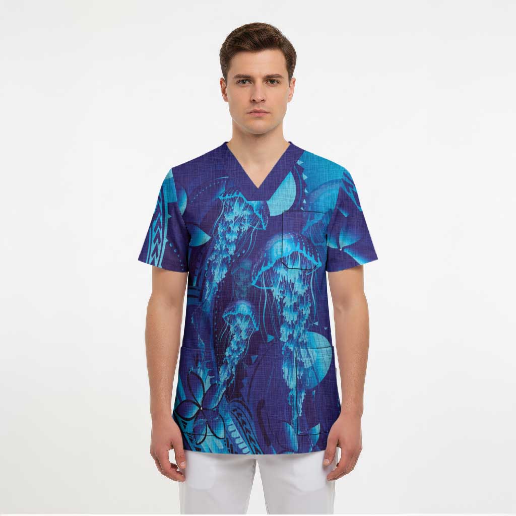 Purple Paradise Polynesia Jellyfish Scrub Top Plumeria Polynesian Tattoo Glowing Vibes LT14 - Polynesian Pride
