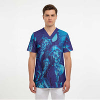 Purple Paradise Polynesia Jellyfish Scrub Top Plumeria Polynesian Tattoo Glowing Vibes LT14 - Polynesian Pride