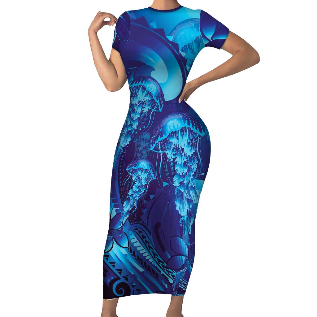 Purple Paradise Polynesia Jellyfish Short Sleeve Bodycon Dress Plumeria Polynesian Tattoo Glowing Vibes LT14 Long Dress Purple - Polynesian Pride