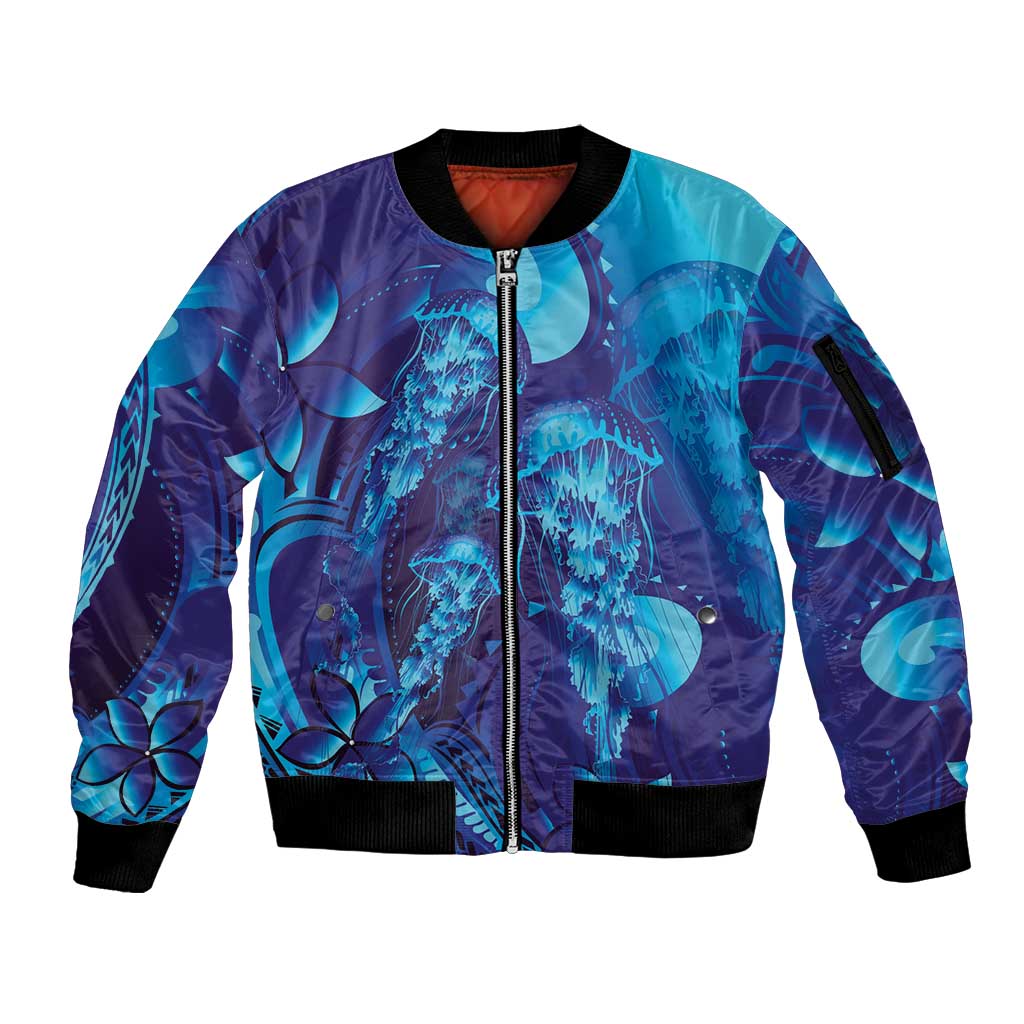 Purple Paradise Polynesia Jellyfish Sleeve Zip Bomber Jacket Plumeria Polynesian Tattoo Glowing Vibes LT14 Unisex Purple - Polynesian Pride