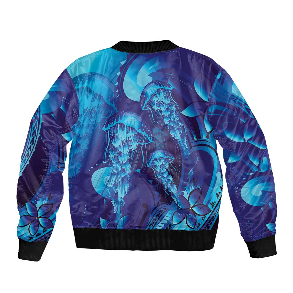 Purple Paradise Polynesia Jellyfish Sleeve Zip Bomber Jacket Plumeria Polynesian Tattoo Glowing Vibes LT14 - Polynesian Pride