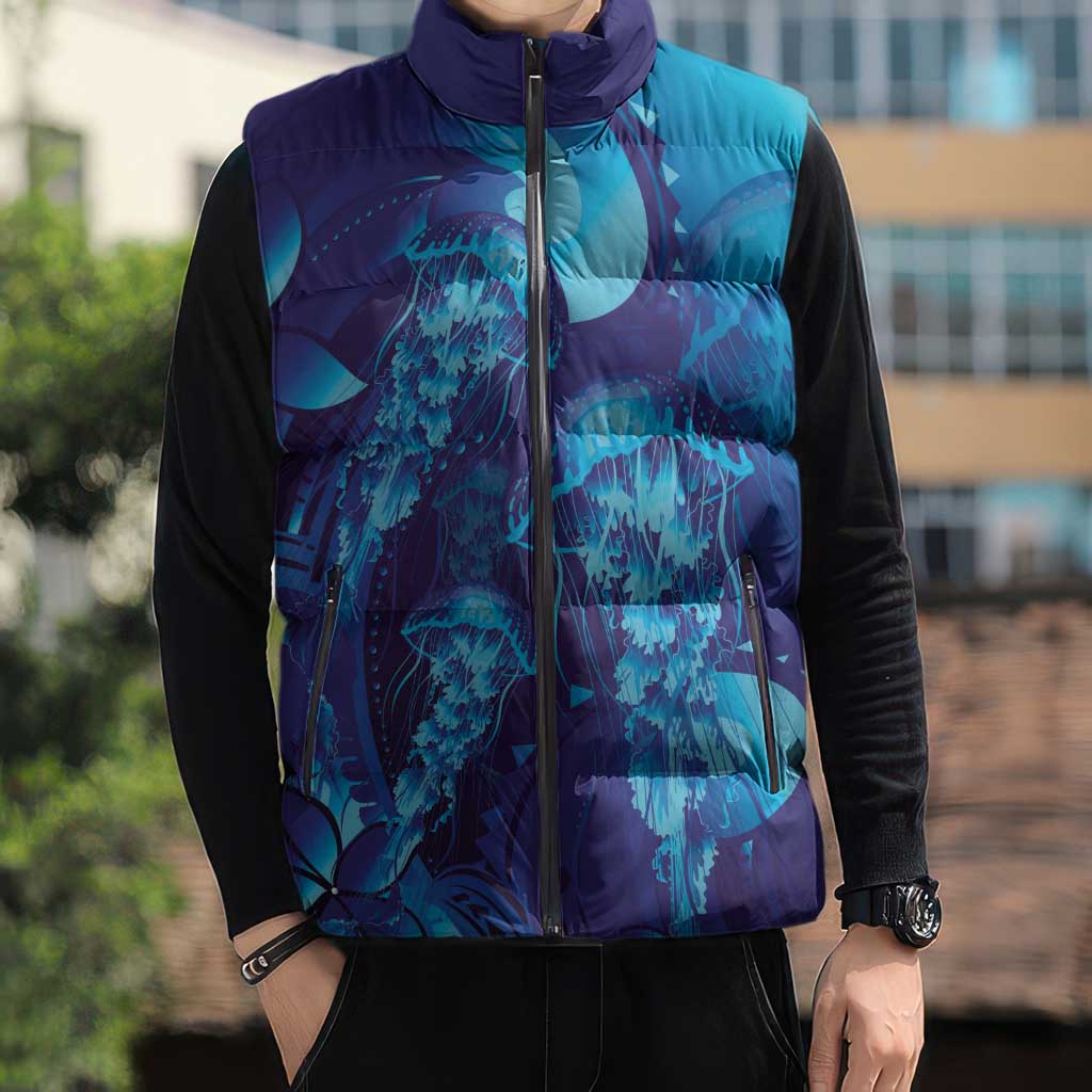 Purple Paradise Polynesia Jellyfish Sleeveless Puffer Jacket Plumeria Polynesian Tattoo Glowing Vibes LT14 - Polynesian Pride