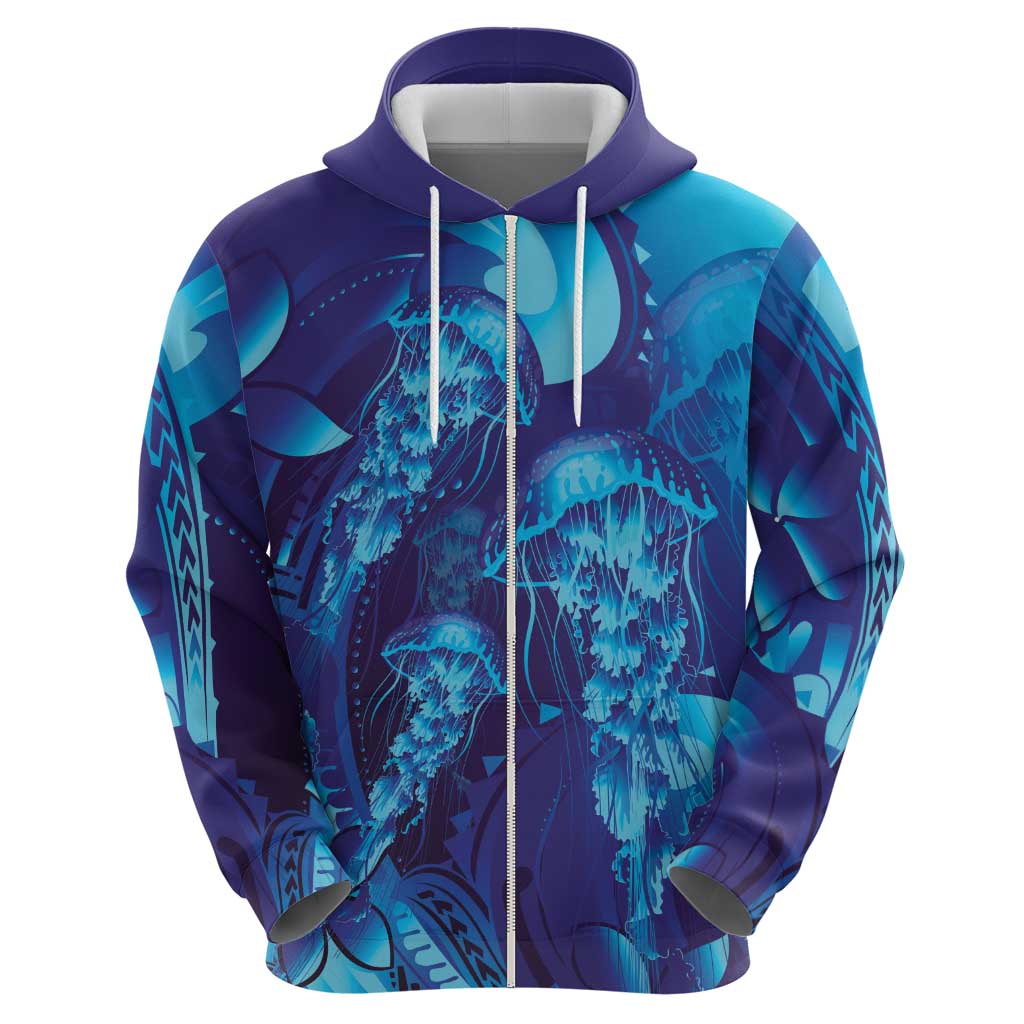 Purple Paradise Polynesia Jellyfish Zip Hoodie Plumeria Polynesian Tattoo Glowing Vibes LT14 - Polynesian Pride