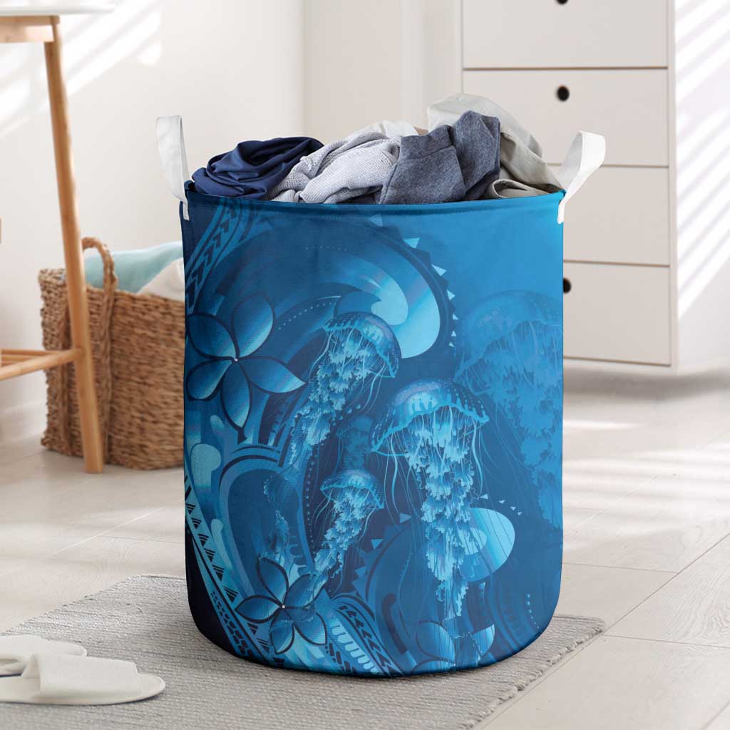 Blue Gradient Polynesia Jellyfish Laundry Basket Plumeria Polynesian Tattoo Glowing Vibes LT14 Blue - Polynesian Pride