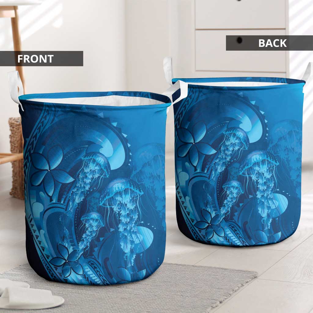 Blue Gradient Polynesia Jellyfish Laundry Basket Plumeria Polynesian Tattoo Glowing Vibes LT14 - Polynesian Pride