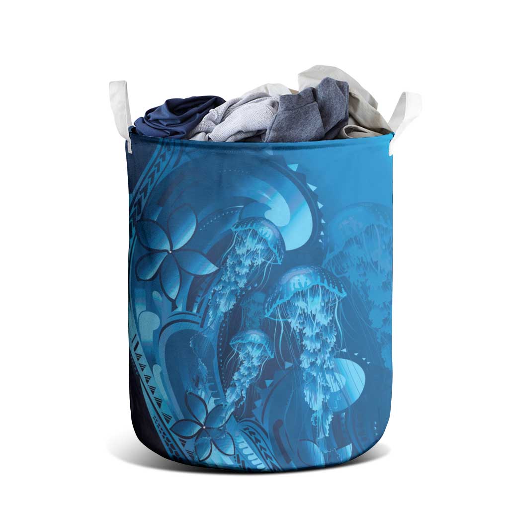 Blue Gradient Polynesia Jellyfish Laundry Basket Plumeria Polynesian Tattoo Glowing Vibes LT14 - Polynesian Pride