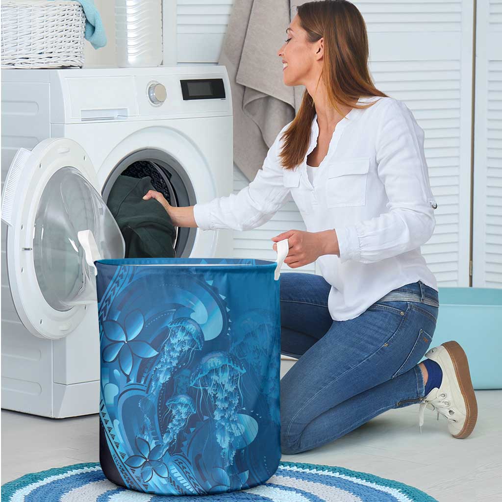 Blue Gradient Polynesia Jellyfish Laundry Basket Plumeria Polynesian Tattoo Glowing Vibes LT14 - Polynesian Pride