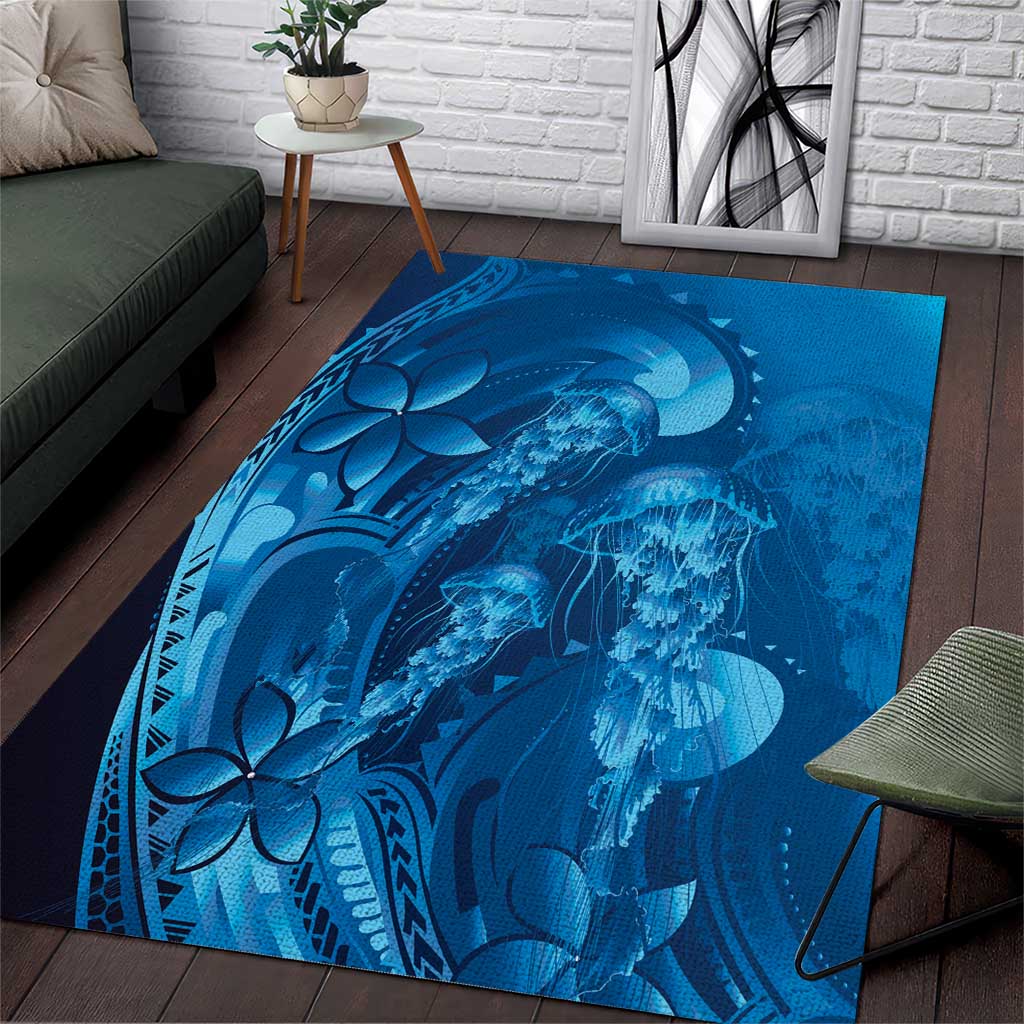 Blue Gradient Polynesia Jellyfish Area Rug Plumeria Polynesian Tattoo Glowing Vibes