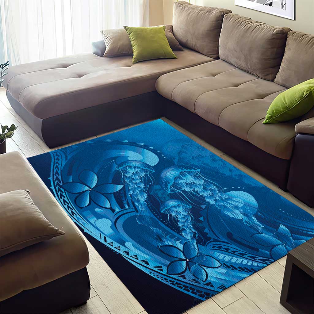 Blue Gradient Polynesia Jellyfish Area Rug Plumeria Polynesian Tattoo Glowing Vibes