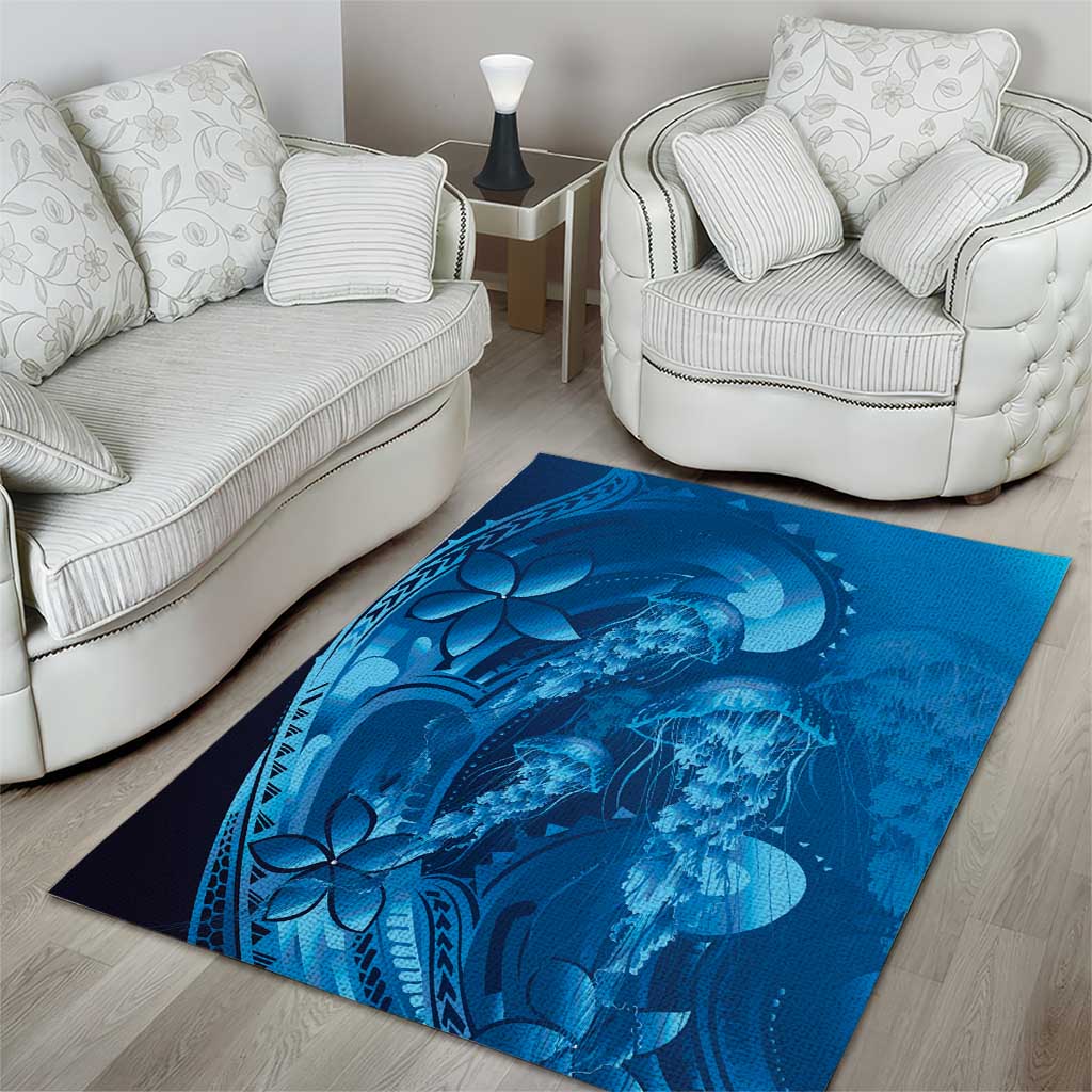Blue Gradient Polynesia Jellyfish Area Rug Plumeria Polynesian Tattoo Glowing Vibes