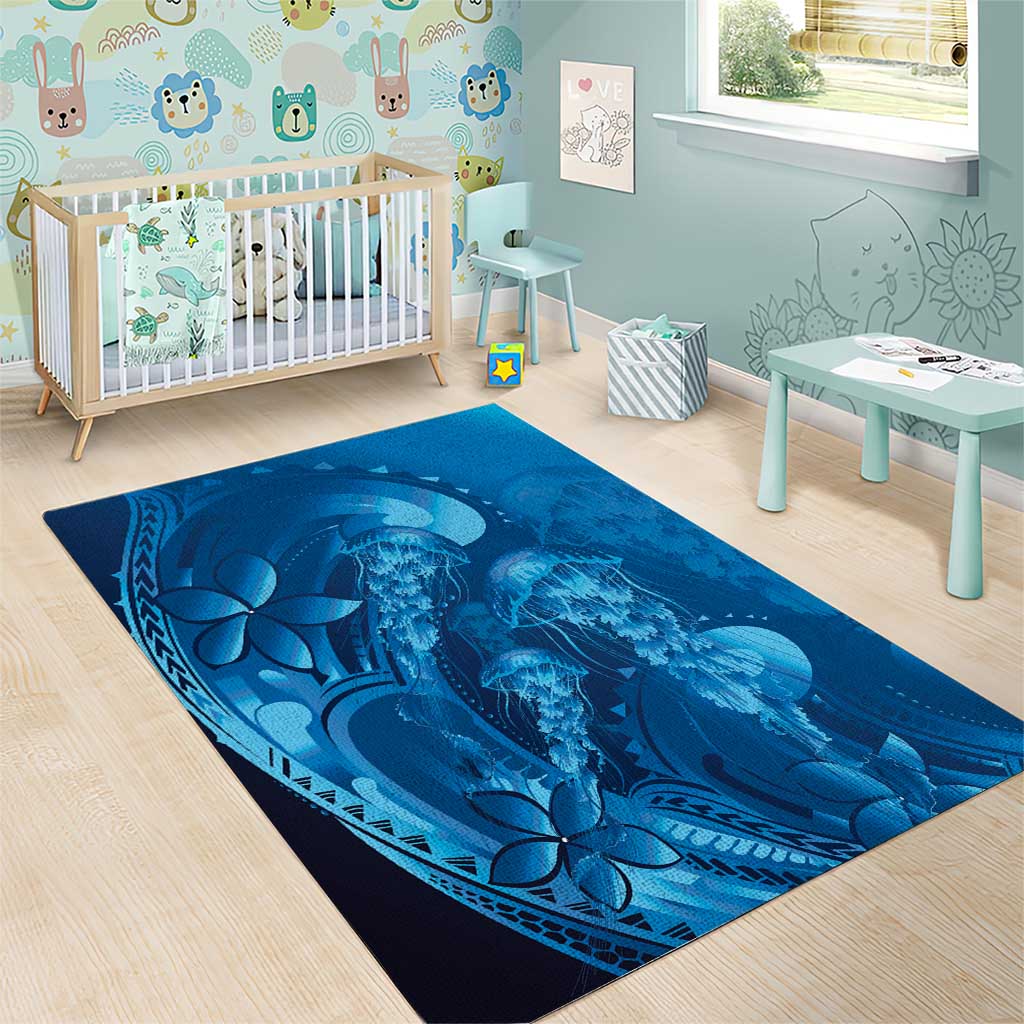 Blue Gradient Polynesia Jellyfish Area Rug Plumeria Polynesian Tattoo Glowing Vibes