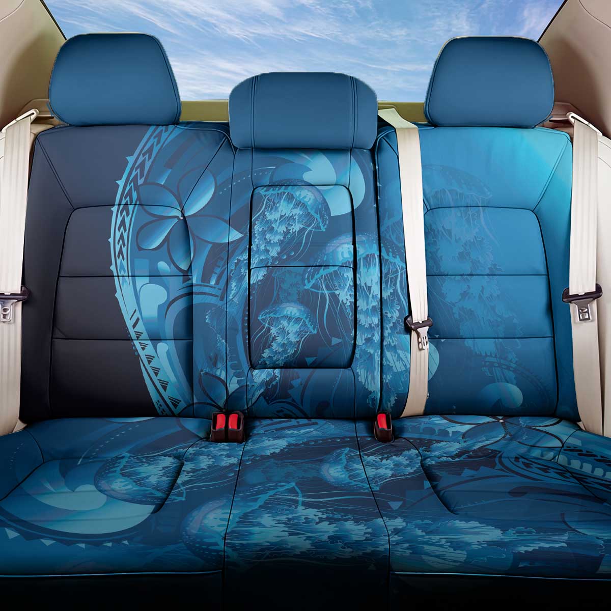 Blue Gradient Polynesia Jellyfish Back Car Seat Cover Plumeria Polynesian Tattoo Glowing Vibes