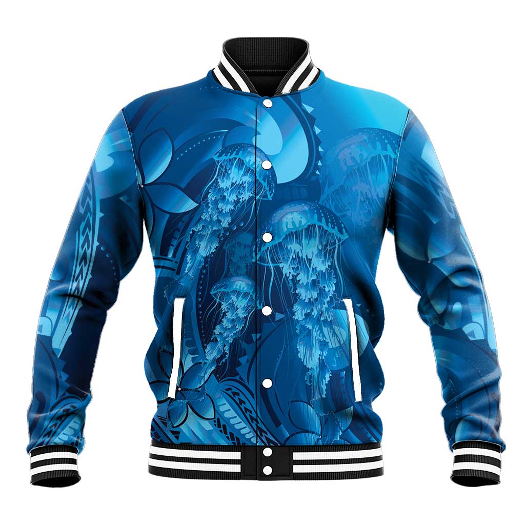 Blue Gradient Polynesia Jellyfish Baseball Jacket Plumeria Polynesian Tattoo Glowing Vibes LT14 Unisex Blue - Polynesian Pride