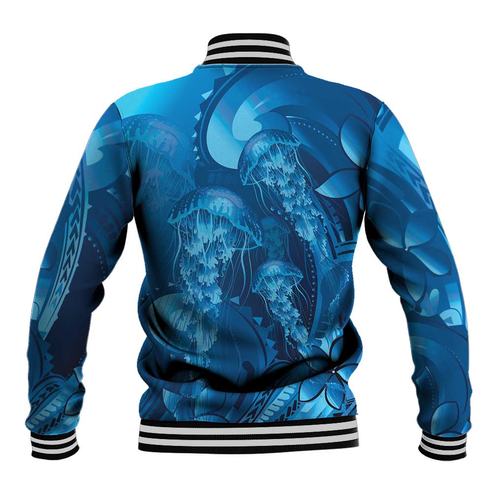 Blue Gradient Polynesia Jellyfish Baseball Jacket Plumeria Polynesian Tattoo Glowing Vibes LT14 - Polynesian Pride
