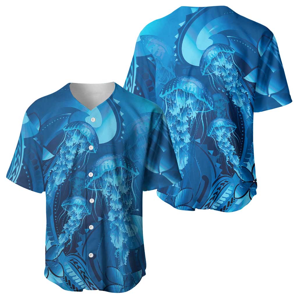 Blue Gradient Polynesia Jellyfish Baseball Jersey Plumeria Polynesian Tattoo Glowing Vibes LT14 - Polynesian Pride