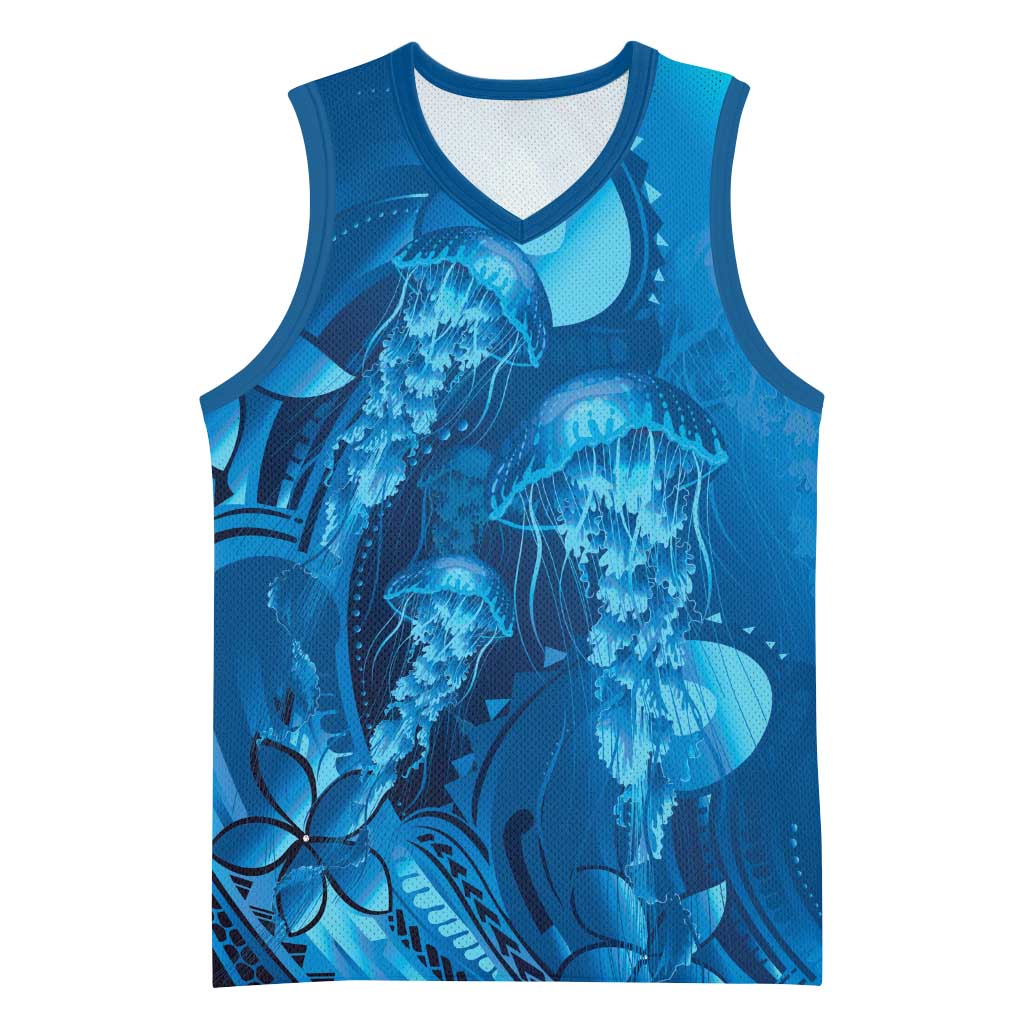 Blue Gradient Polynesia Jellyfish Basketball Jersey Plumeria Polynesian Tattoo Glowing Vibes LT14 Unisex Blue - Polynesian Pride