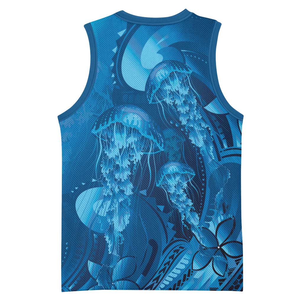 Blue Gradient Polynesia Jellyfish Basketball Jersey Plumeria Polynesian Tattoo Glowing Vibes LT14 - Polynesian Pride