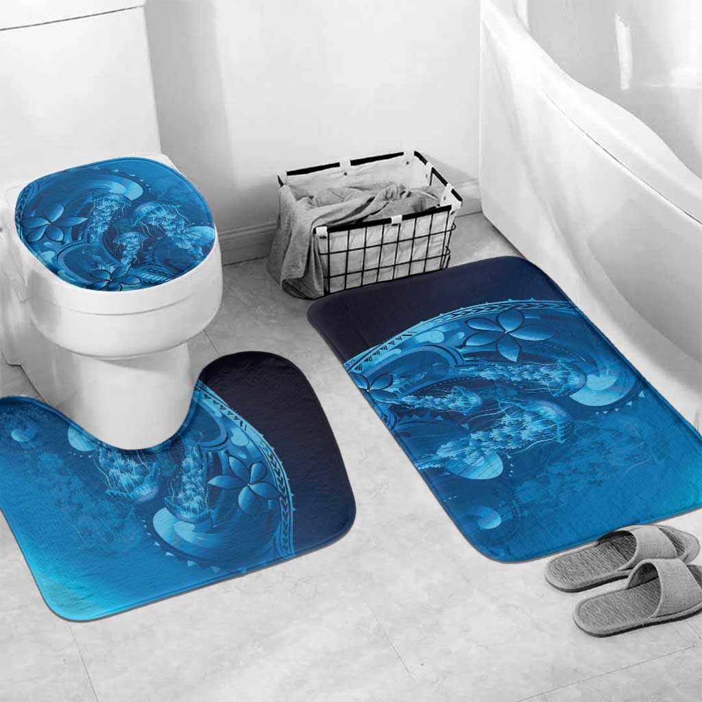 Blue Gradient Polynesia Jellyfish Bathroom Set Plumeria Polynesian Tattoo Glowing Vibes LT14 Mat Set Only (3 pcs) One Size Blue - Polynesian Pride