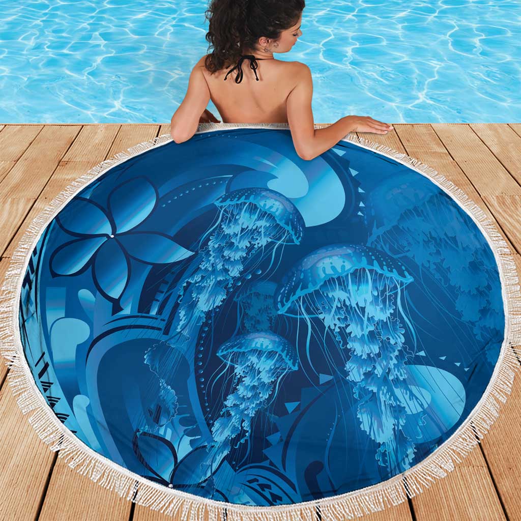 Blue Gradient Polynesia Jellyfish Beach Blanket Plumeria Polynesian Tattoo Glowing Vibes LT14 - Polynesian Pride