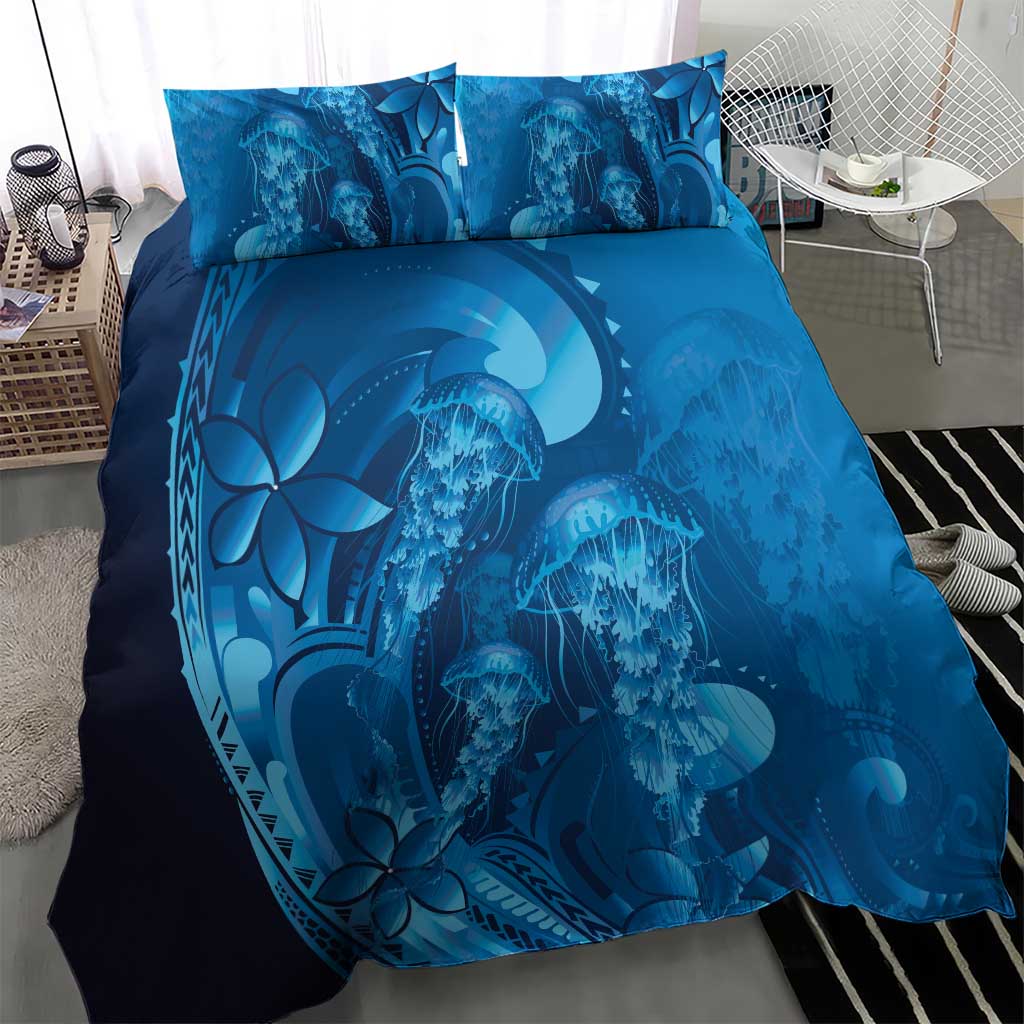 Blue Gradient Polynesia Jellyfish Bedding Set Plumeria Polynesian Tattoo Glowing Vibes LT14 - Polynesian Pride