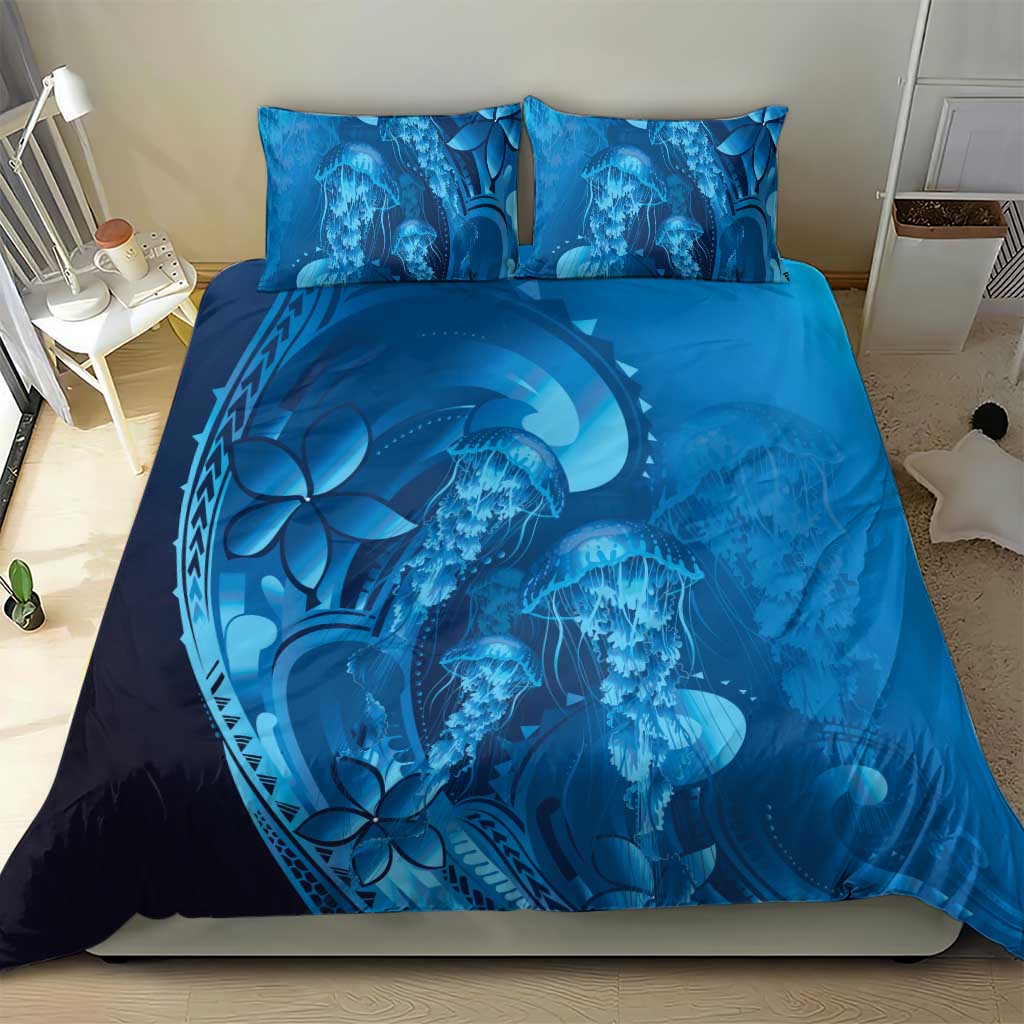 Blue Gradient Polynesia Jellyfish Bedding Set Plumeria Polynesian Tattoo Glowing Vibes LT14 - Polynesian Pride
