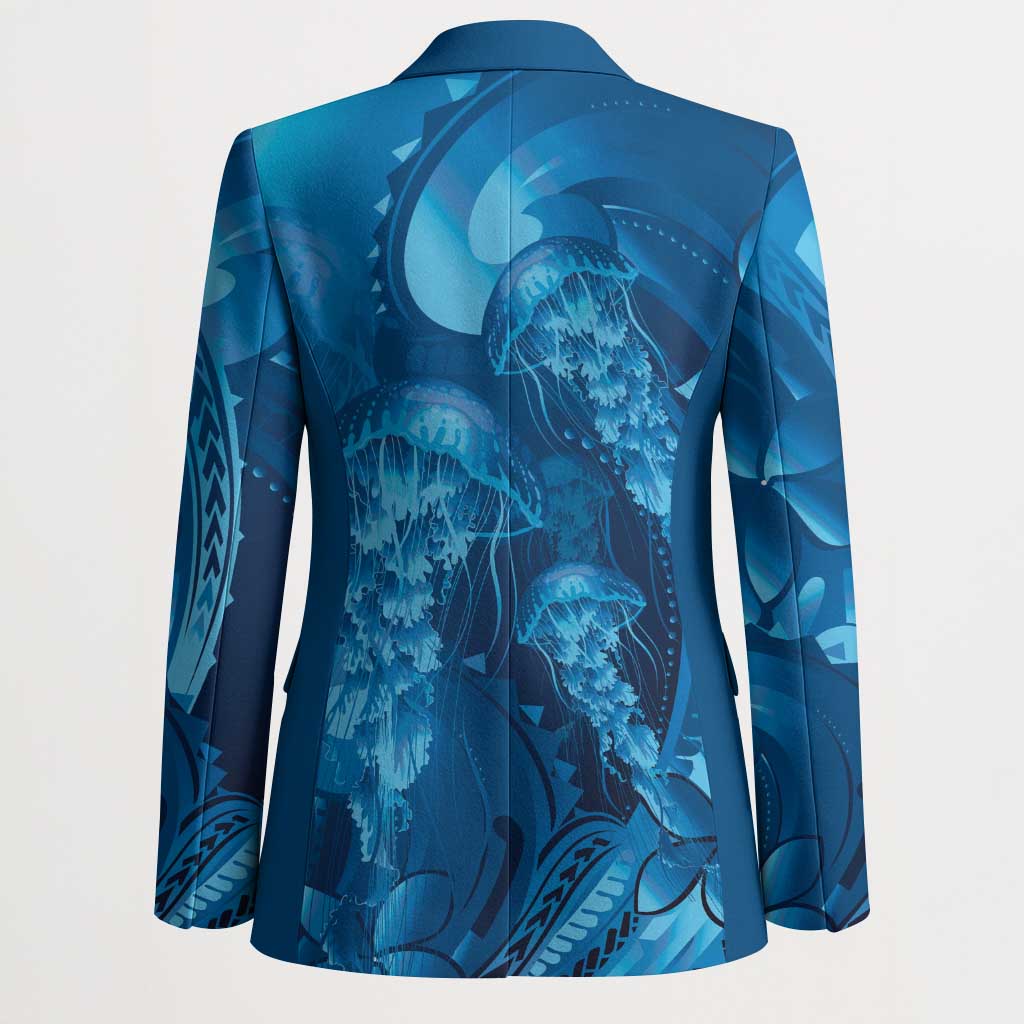 Blue Gradient Polynesia Jellyfish Blazer Plumeria Polynesian Tattoo Glowing Vibes LT14 - Polynesian Pride