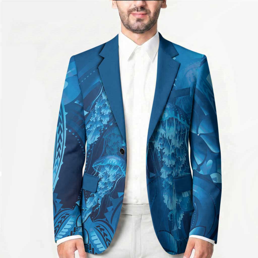 Blue Gradient Polynesia Jellyfish Blazer Plumeria Polynesian Tattoo Glowing Vibes LT14 - Polynesian Pride