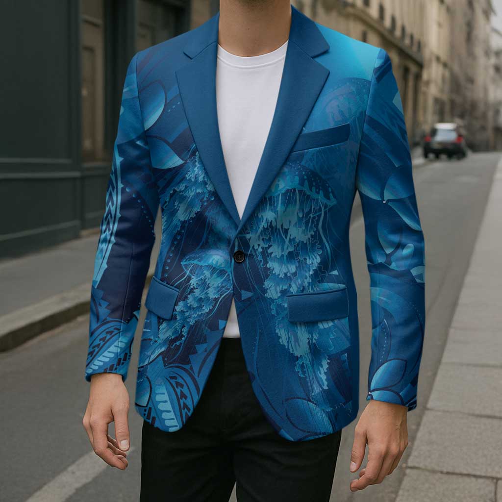 Blue Gradient Polynesia Jellyfish Blazer Plumeria Polynesian Tattoo Glowing Vibes LT14 - Polynesian Pride
