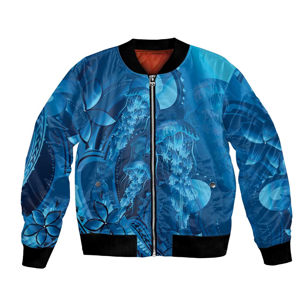 Blue Gradient Polynesia Jellyfish Bomber Jacket Plumeria Polynesian Tattoo Glowing Vibes LT14 Unisex Blue - Polynesian Pride
