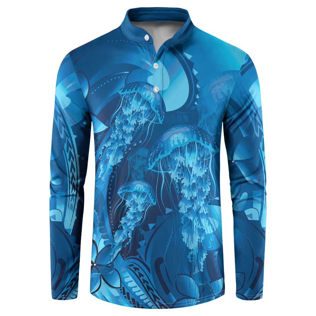 Blue Gradient Polynesia Jellyfish Button Sweatshirt Plumeria Polynesian Tattoo Glowing Vibes LT14 Blue - Polynesian Pride