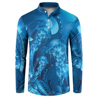 Blue Gradient Polynesia Jellyfish Button Sweatshirt Plumeria Polynesian Tattoo Glowing Vibes LT14 Blue - Polynesian Pride