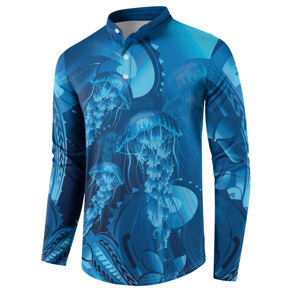 Blue Gradient Polynesia Jellyfish Button Sweatshirt Plumeria Polynesian Tattoo Glowing Vibes LT14 - Polynesian Pride