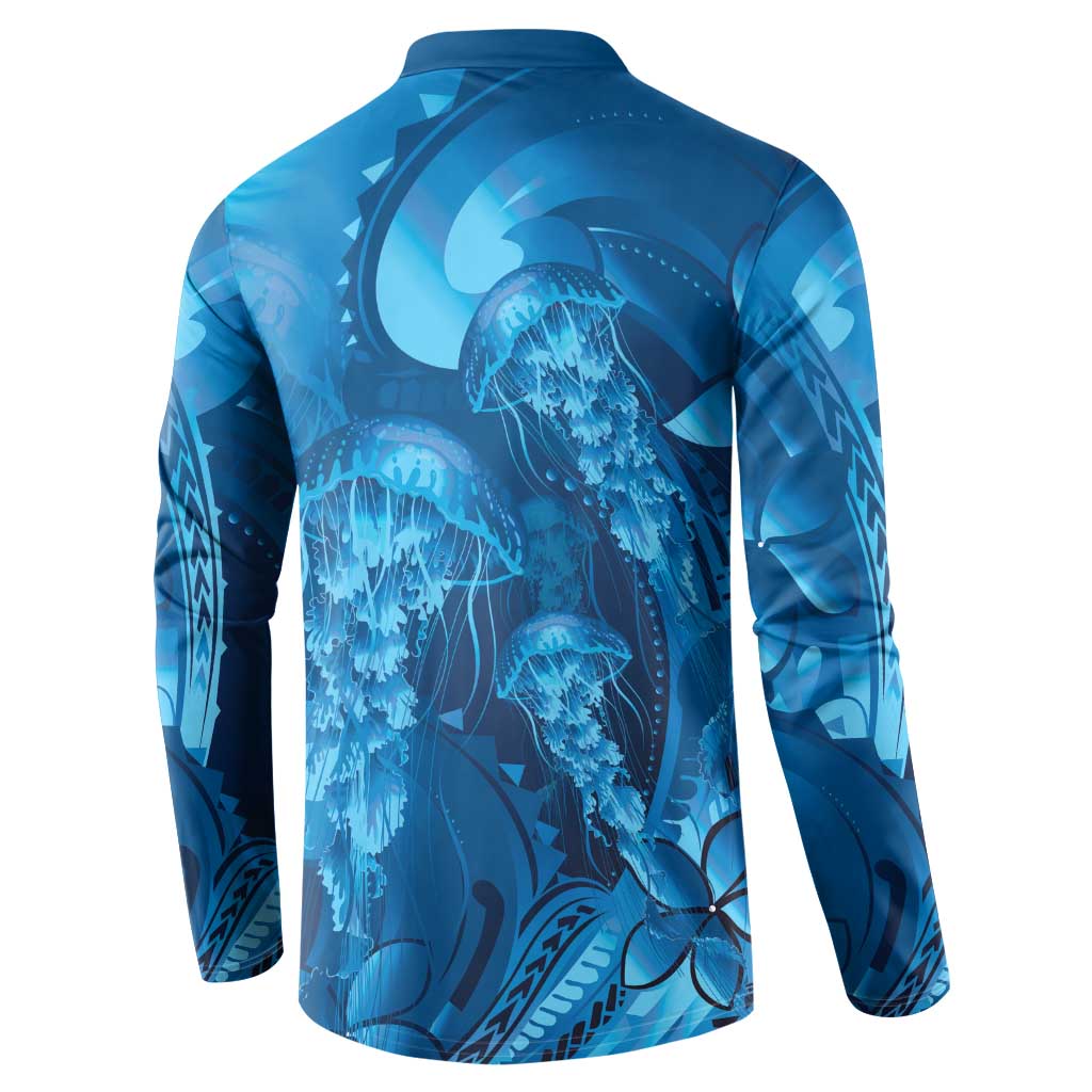 Blue Gradient Polynesia Jellyfish Button Sweatshirt Plumeria Polynesian Tattoo Glowing Vibes LT14 - Polynesian Pride