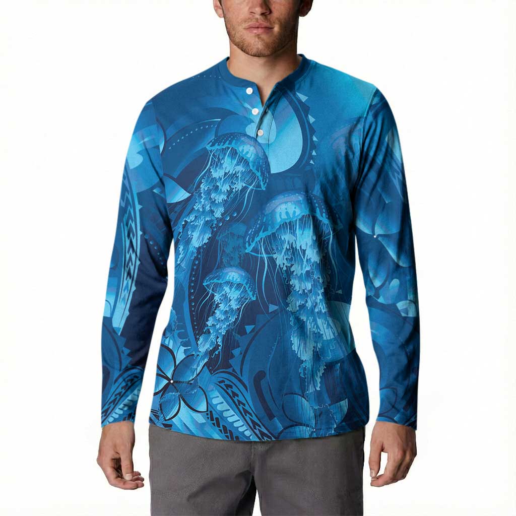 Blue Gradient Polynesia Jellyfish Button Sweatshirt Plumeria Polynesian Tattoo Glowing Vibes LT14 - Polynesian Pride