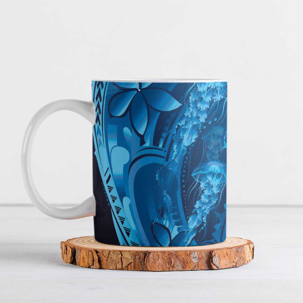 Blue Gradient Polynesia Jellyfish Ceramic Mug Plumeria Polynesian Tattoo Glowing Vibes LT14 Blue - Polynesian Pride