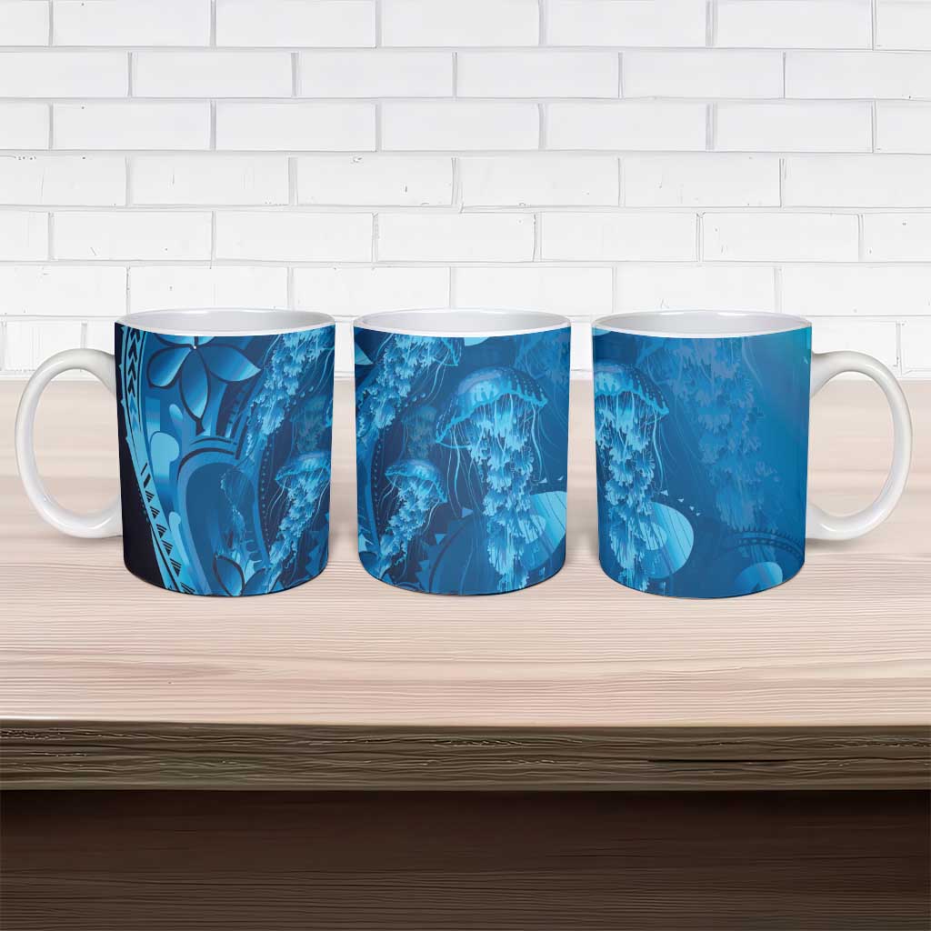 Blue Gradient Polynesia Jellyfish Ceramic Mug Plumeria Polynesian Tattoo Glowing Vibes LT14 - Polynesian Pride