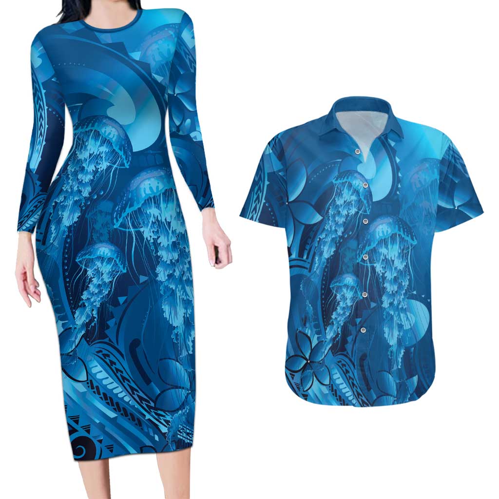 Blue Gradient Polynesia Jellyfish Couples Matching Long Sleeve Bodycon Dress and Hawaiian Shirt Plumeria Polynesian Tattoo Glowing Vibes LT14 Blue - Polynesian Pride